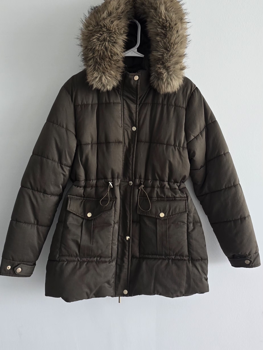Studio Olive Quilted Puffer Coat with Faux Fur Hood